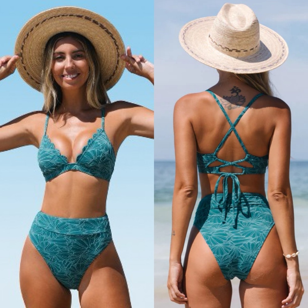 NWT Floral Jacquard Scalloped Bralette & High Waist Bikini Set SIZE MEDIUM